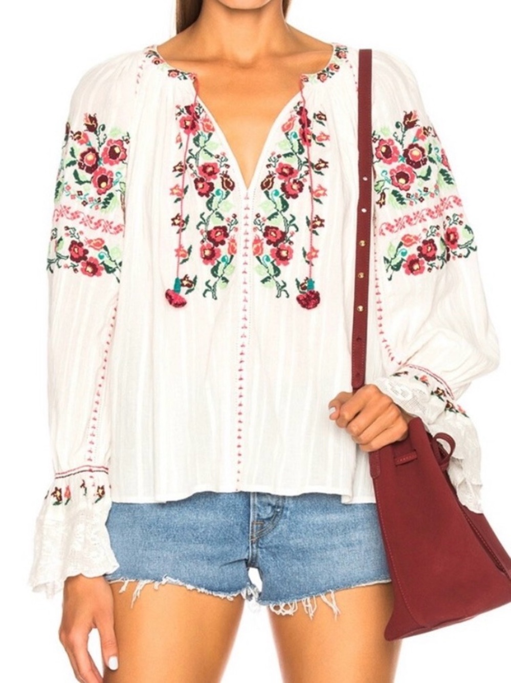 Ulla Johnson Debra White Peasant Blouse w/Pink & Green Floral Embroidery size 10